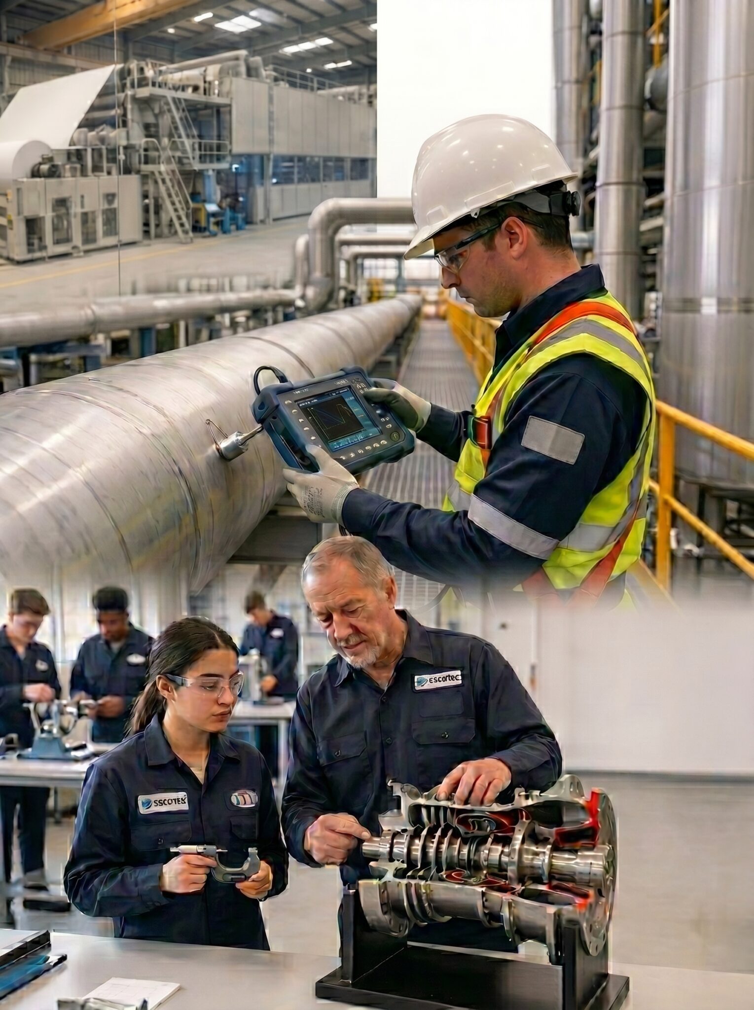 Profissional realizando inspeção de equipamentos em tubulação industrial e instrutor ministrando treinamento prático de manutenção técnica a uma aluna.