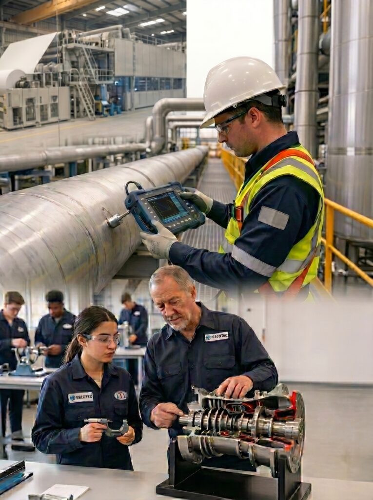 Profissional realizando inspeção de equipamentos em tubulação industrial e instrutor ministrando treinamento prático de manutenção técnica a uma aluna.