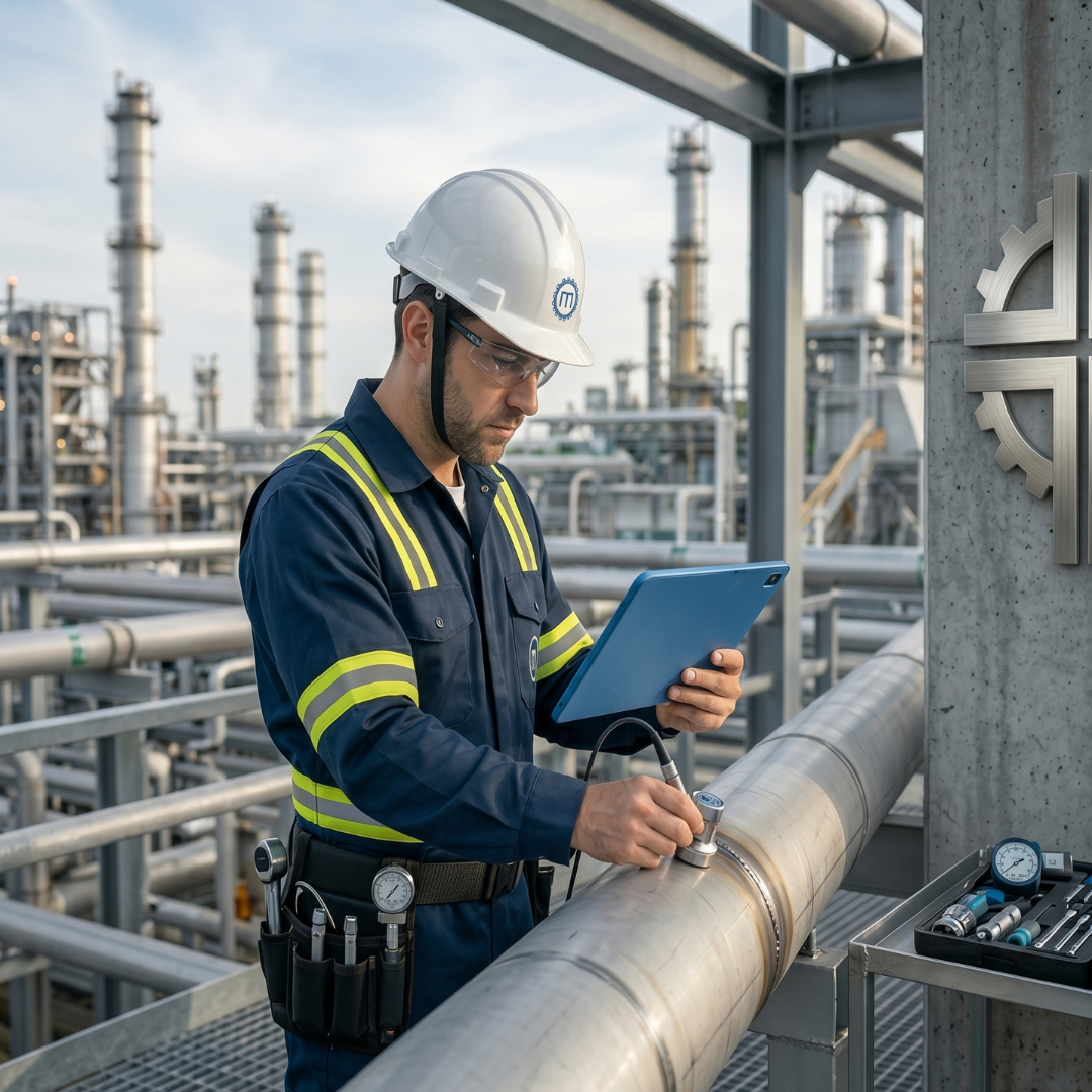 Profissional de engenharia realizando inspeção de equipamentos e medição de integridade em uma tubulação industrial utilizando sensor e tablet.