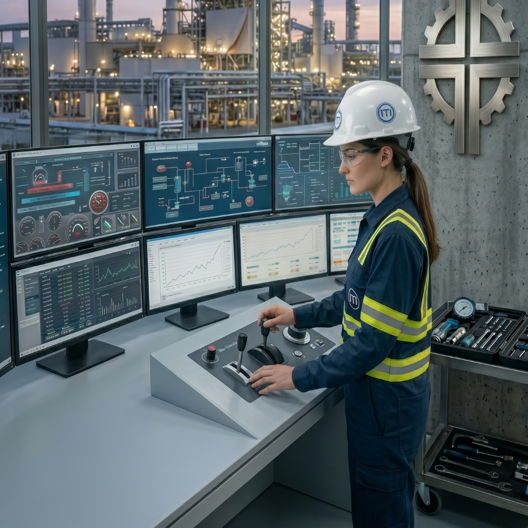 Operadora industrial controlando processos produtivos em um painel de automação com múltiplos monitores em uma moderna sala de controle.