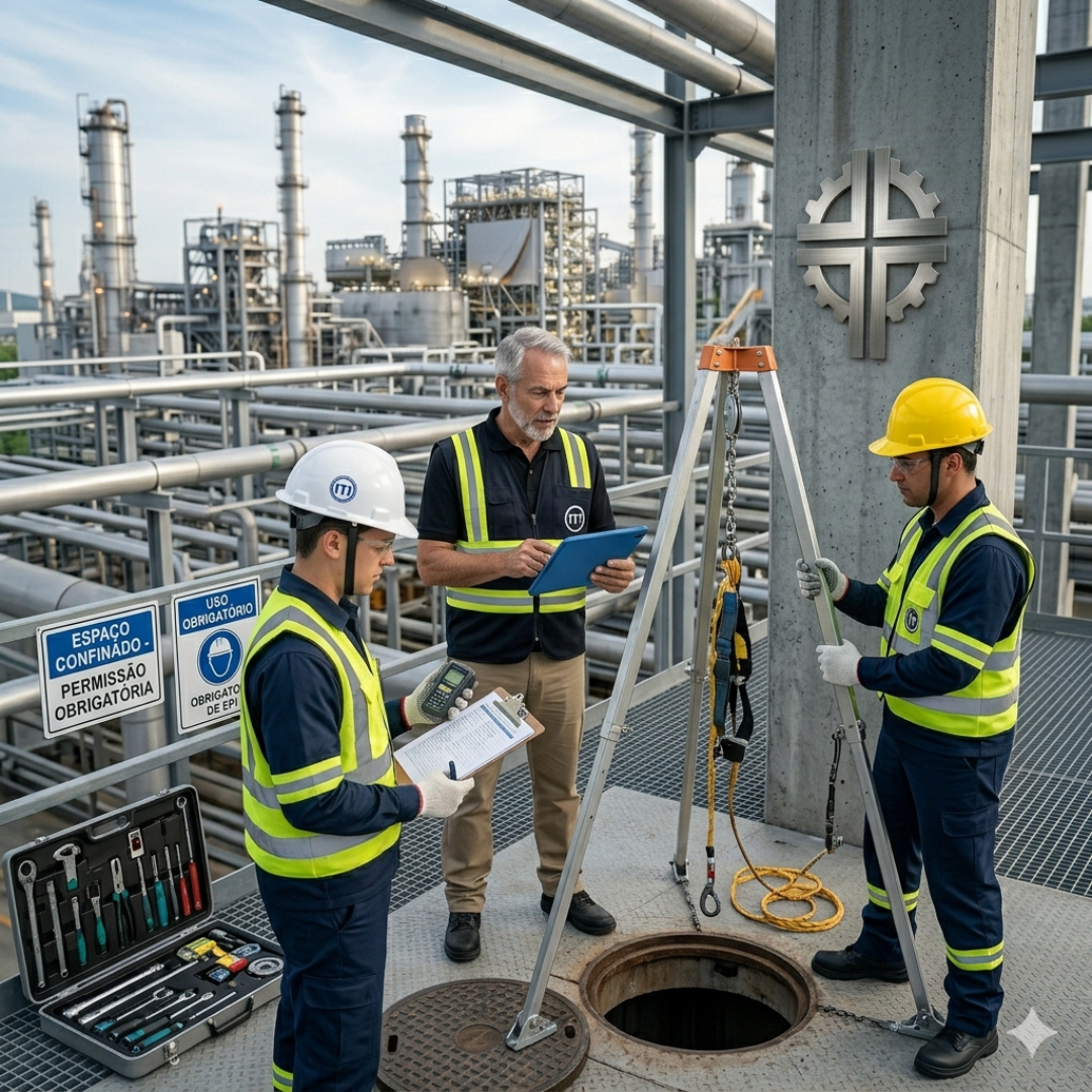 Equipe de trabalhadores com EPI e instrutor realizando procedimentos e treinamento de Segurança e Saúde no Trabalho (SST) para entrada em espaço confinado utilizando tripé de resgate industrial.